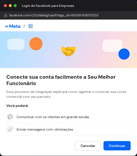 Tela oficial de conexão do WhatsApp via Embedded Signup da Meta